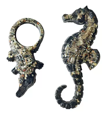 MCM Vintage Abalone Shell Lucite Sea Horse Wall Art Plaque Trivet Alligator • $45