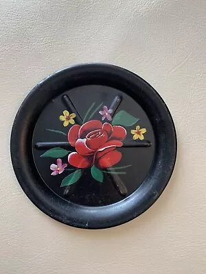 Vintage Toleware Coaster Metal Black With Red Flower • $4