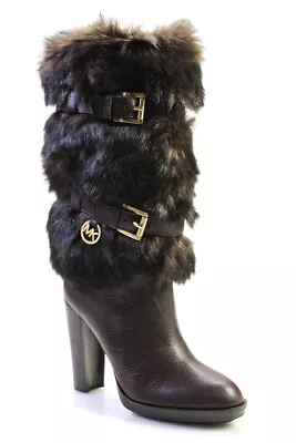 Michael Michael Kors Womens Leather Faux Fur Trim High Heeled Boots Brown Size 8 • $34.99
