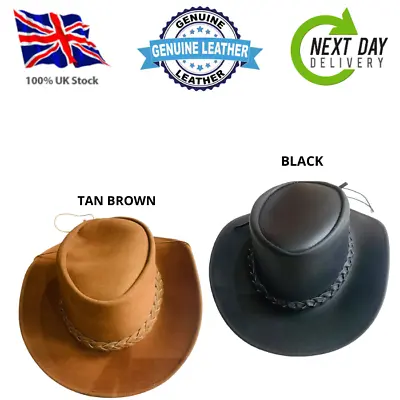 £13.95 • Buy Australian Western Style Cowboy Real Leather Outback  Bush Hat With Chin Strap