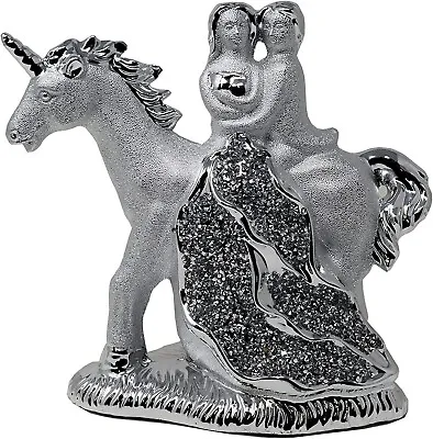 £20.24 • Buy Crushed Diamond Silver Sparkle Wedding Couple On Unicorn Statue Figure Ornament