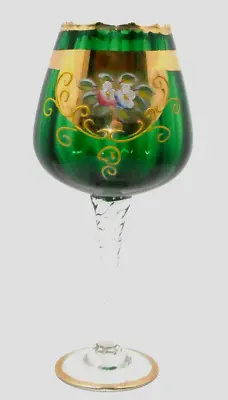 Venetian Murano Wine Glass Goblet Gold Emerald Green Stem Bohemian Hand Painted • $19.99