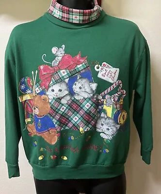 Vtg Nutcracker Green Christmas Sweatshirt Unisex Sz S Kittens Mice USA • $22.88