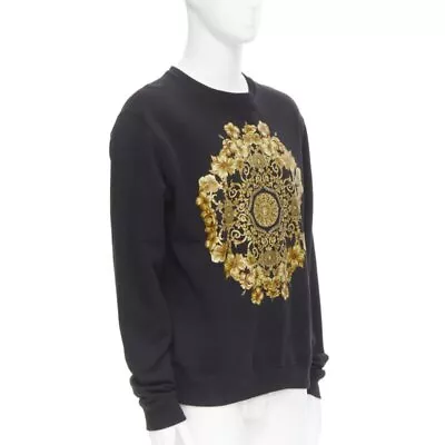 VERSACE Black Gold Barocco Hibiscus Medusa Cotton Crew Sweater S • $298