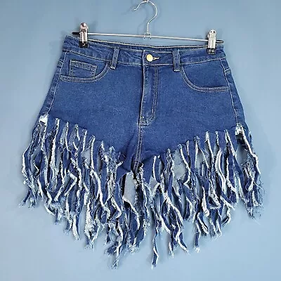 Women's Fringe Hem Chain High Waisted Denim Shorts Medium Wash Blue Size M • $18.84