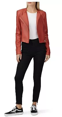 VEDA Leather Jacket Coat Dali Rust Orange Red Cropped Medium Short Knit Sleeve • $299