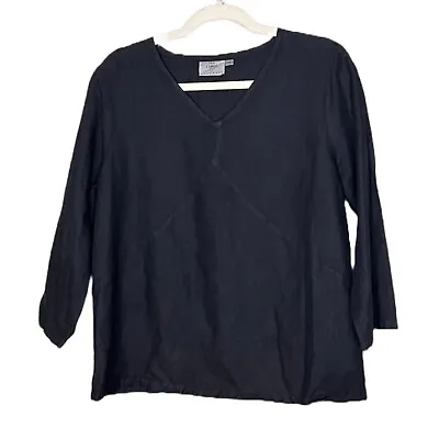 Hot Cotton Marc Ware Womens Top Blouse Size PM Black Linen Cotton V Neck B5 • $14.95