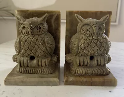 Vintage Stone Hand Carved Green & Terra Marble Heavy Wise Owl Bookends • $60