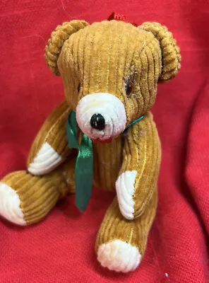 Teddy Bear Tan Brown With Green Bow Rare Vintage Mini Jointed Corduroy • $27.30