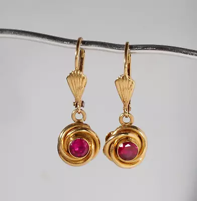 Vintage Rose Flower Pink Ruby 18ct Gold Dangle Drop Earrings Hook Hinged 3D • £309.35