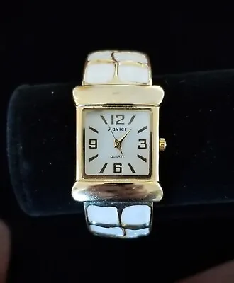 Xavier Gold Tone Cuff Watch White Patterned Enamel Arms 6  Closed New Battery • $6.49