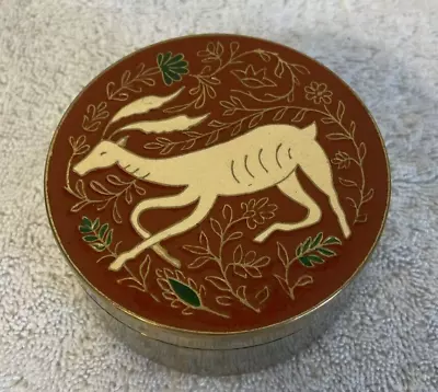 Vintage Enamel Deer Trinket Box Brass Round Jewelry Box Keepsake Red And White • $12.59