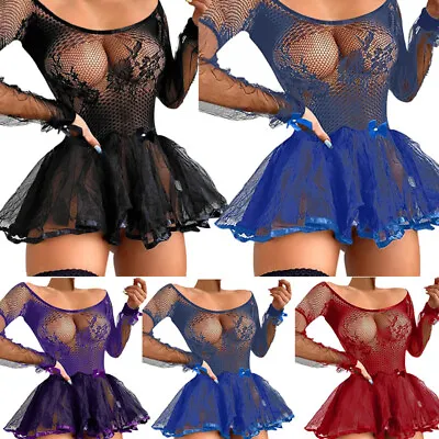 $5.69 • Buy Womens See-through Lace Tulle Mini Dress Fishnet Long Sleeve Nightdress Clubwear