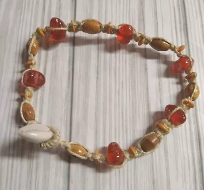 Vintage Anklet Bracelet  Shell Wood And Coral Beads Ankle Beach Sandal Anklet • $16