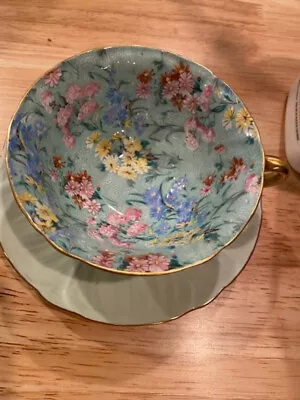 Shelley Vintage Green Chintz Gold Cup Saucer Flowers As Is • $99.99