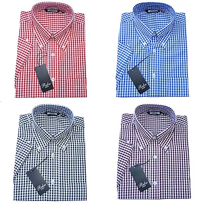 Relco Mens Gingham Check Short Sleeve Shirt 4 Colours Button Down Collar Mod Vtg • £39.99