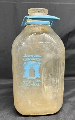 Vintage Lawsons Half Gallon Glass Milk Bottle Blue Plastic Handle Hole In Bottom • $10