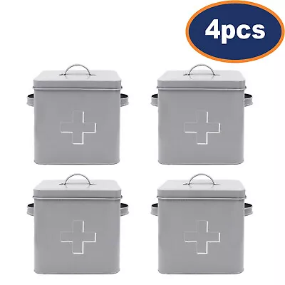 4Pcs Grey First Aid Box Storage Tin Metal Minimalist Container With Airtight Lid • £44.95