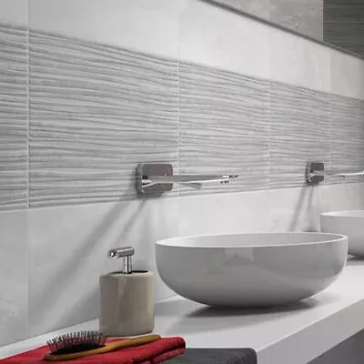 Glossy Grey Wave Natural Stone Effect Ceramic Wall Tile Shower Tile 33x55cm Box • £41.69