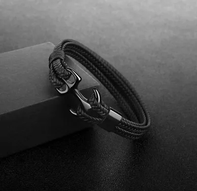 Black Leather Bracelet With Stainless Steel Black Anchor • $15.49