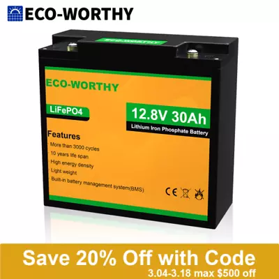 ECO-WORTHY 12V 30Ah LiFePO4 Li Battery 384Wh 3000+ Cycles For RV Boat • $45.62