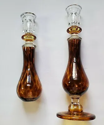 Candle Holders Glass Set Of 2 Mid Century Tortoise Shell Amber & Brown  • $29.90