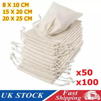 50/100X Linen Drawstring Gift Bag Pouch Wedding Sacks Natural Cotton Calico Bags • £11.07