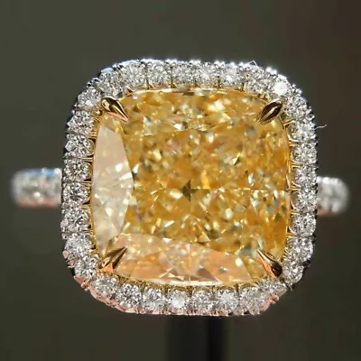 4 Ct Cushion Halo Canary Yellow Diamond Engagement Ring 14K White Gold Finish • £96.76