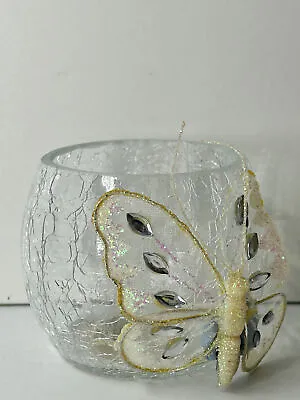 Small Clear Crackle Glass Round Tea Light Holder With Fabric Butterfly  • £4.99