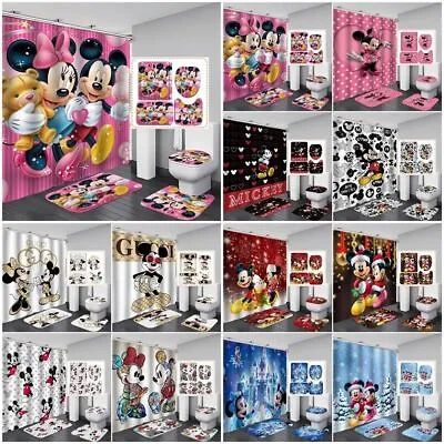 Mickey Minnie Mouse Shower Curtain Non-Slip Bath Mat Toilet Lid Bathroom Rug • £17.51