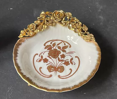 RARE! Vintage GOLD Ceramic *MATSON ROSES Pedestal SHELL DISH Hollywood Antique • $39.95