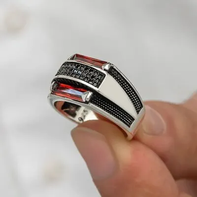 Solid Sterling 925 Silver Mens Jewelry Elegant Baguette Cut Red Ruby Men's Ring • $39