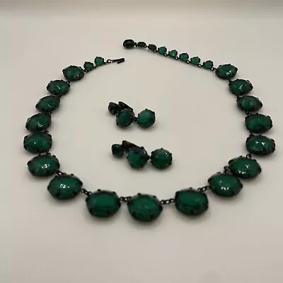 Antique Czech Green Faceted Emerald Glass Necklace Earrings Demi Parure Set • $69.99