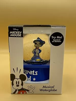 DISNEY MICKEY MOUSE Blue Musical Wind Me Up Water Globe  Congrats Grad  NEW • $12.50