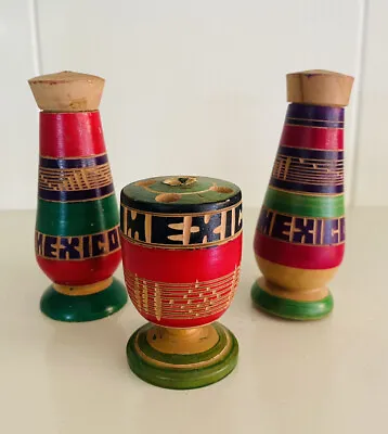 Vintage Mexico Souvenir Salt Pepper Shakers Toothpick Holder Wood Hand Painted • $5