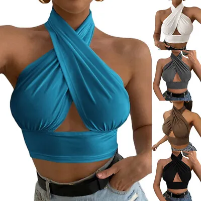 Crop Top T-Shirt Vest Vestate Sexy Women Cross Holder Neck Push Up ▼ • £13.91