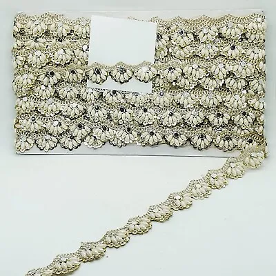 1m Lt Gold Embellished Indian Metallic Braid Beaded Lace Pearl Mirror Trim 2.5cm • £3.75