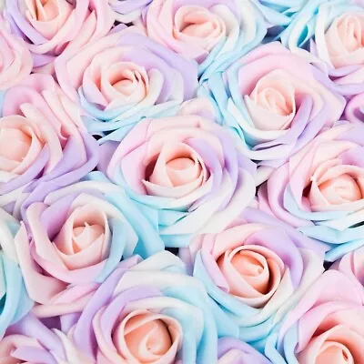 25x Artificial Flowers Roses Real Touch Rainbow Foam Roses With Stems • £11.80