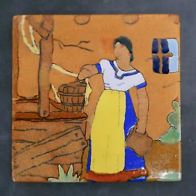 San Jose Mission Vintage Tile Mexican Woman At Well • $650