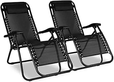 2x Sunloungers Folding Recliner Garden Chair Leisure Beach Chair With Headrest • £71.99