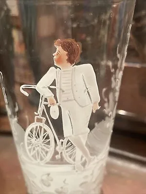 Boy & Antique Bicycle Victorian Mary Gregory Glass Vase Hand Painted Circa 1900 • $50