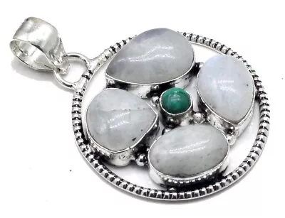 925 Sterling Silver Moonstone & Malachite Gemstone Jewelry Pendant Size-2.10 • $19.99