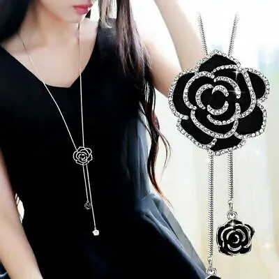 Women Crystal Pendant Long Tassel Charm Flower Pearl Sweater Necklace Jewellery • £4.99