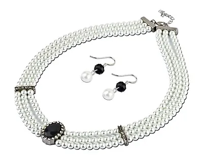 3 Layer Faux Pearl Necklace Pendant With Rhinestone Links With Matching Earrings • £4.87