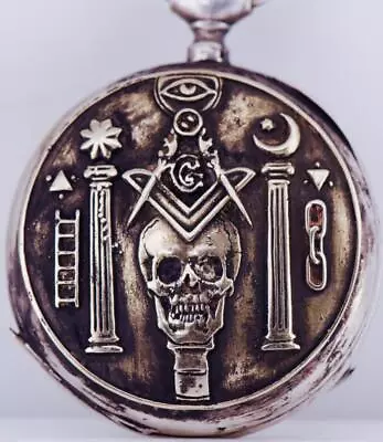 Antique Masonic Memento Mori Pocket Watch Skull Silver Chased Case  C1880's • $1485