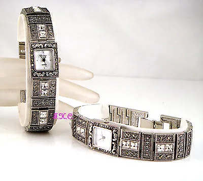 Deco Silver Vintage Genu Marcasite Statement Bracelet Watch W/ Swarovski Crystal • $78.09