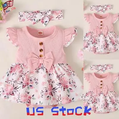 Newborn Baby Girl Floral Ruffle Ribbed Romper Jumpsuit Headband Outfit Clothes • $14.34