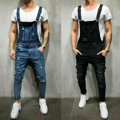 Mens Suspender Trousers Denim Rompers Male Ripped Jeans Shorts Stretch Pants • $33.43