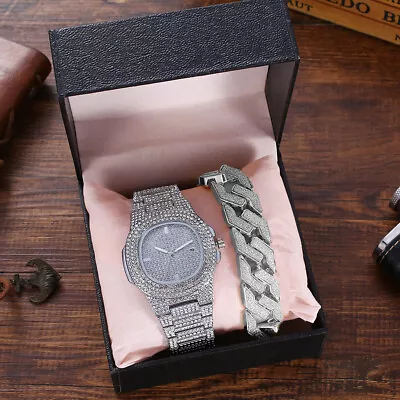 GIFTS FOR MEN Bling Gold Plated Out Diamond Hip Hop Iced Ice Watch & Bracelet • £14.39