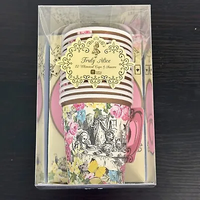 Alice In Wonderland Paper Cups Handle & Saucers Tea Party Pink Set Of 12 • $15.45